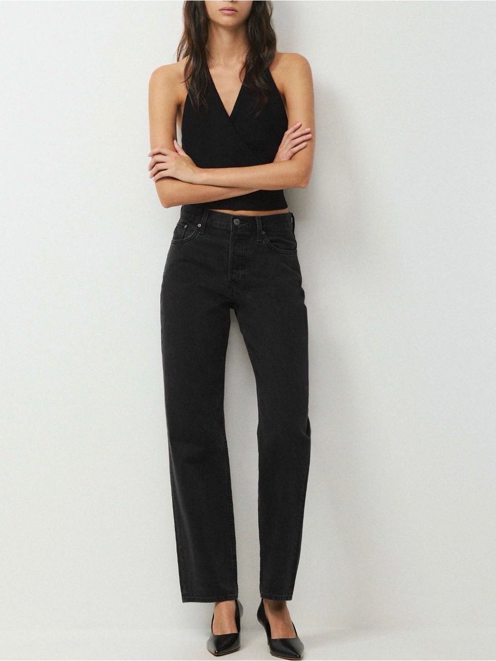 Denim Forum Black High-Rise Straight Leg Jeans
